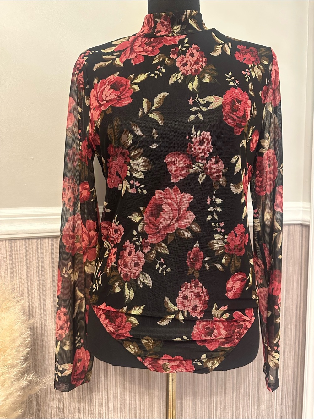 NWT A Love Story Floral Mesh Mock Neck Bodysuit Black Burgundy M